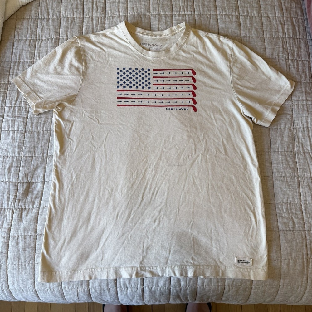 Life is Good Shirt T Shirt Crusher Golf USA Flag Short Sleeve White Men Large